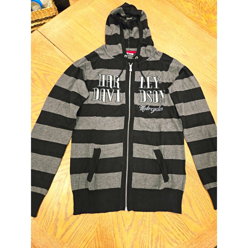 Harley Davidson Hoodie Womens XL Black Gray Striped Full Zip Embroidered Biker